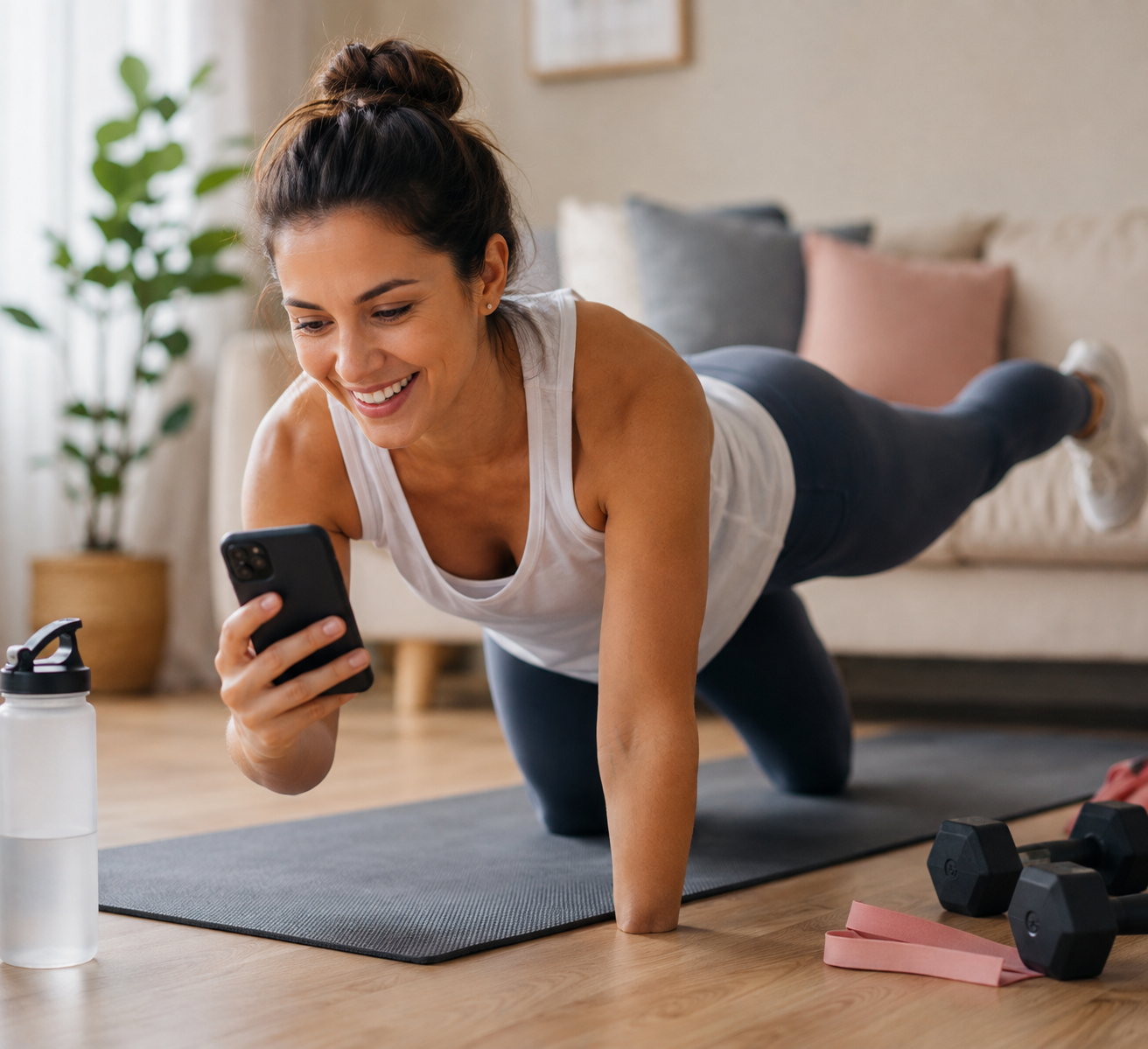 Woman doing a plank exercise at home, using her phone for motivation, with workout equipment nearby.