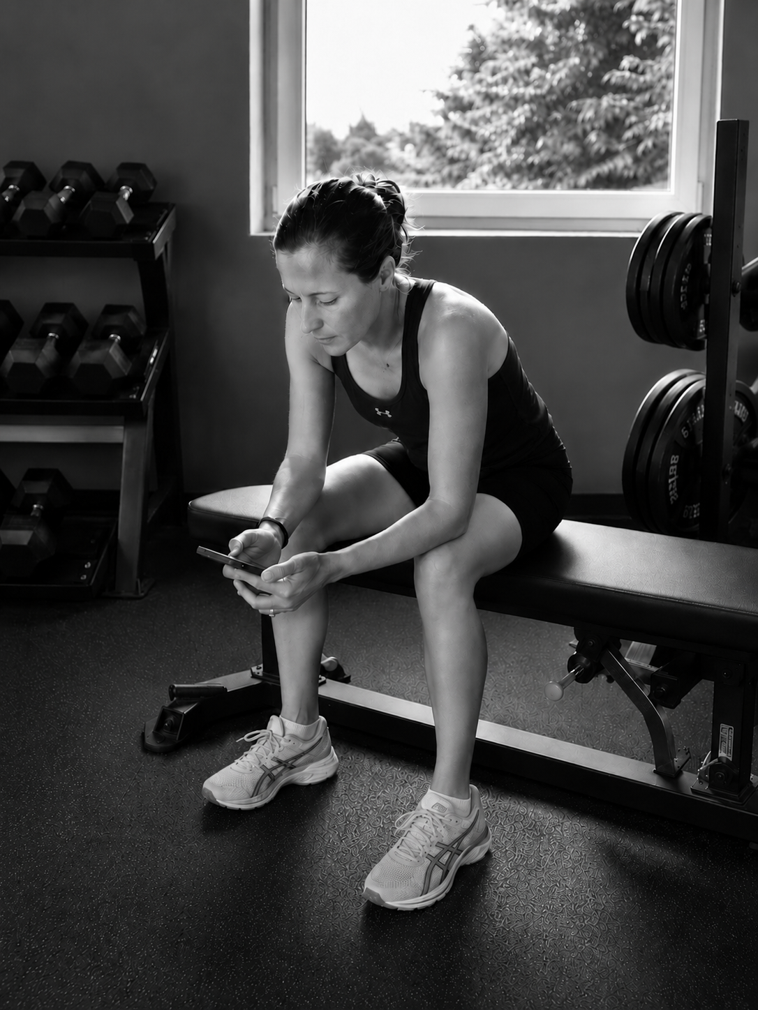 A woman sitting on a bench in a gym, looking at her phone, with dumbbells on a rack and weight plates on a machine nearby.