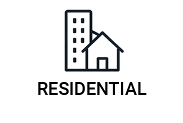 Simple line drawing of a tall building and a house, with the word "RESIDENTIAL" underneath.