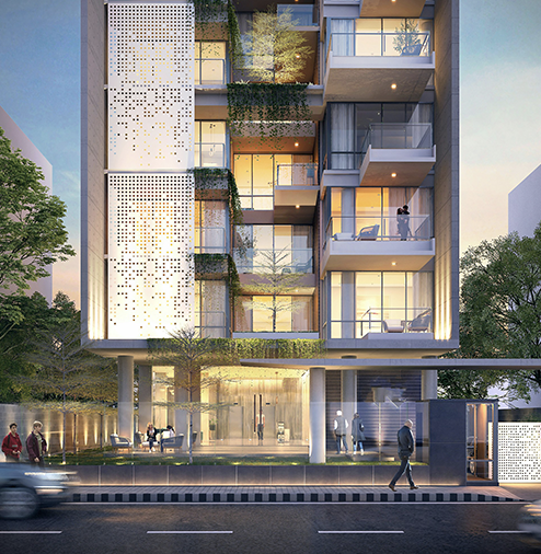 Modern multi-story residential building with glass balconies, greenery, and a ground-level entrance, set against a cityscape background.