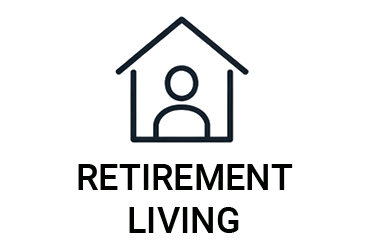 Outline of a house with a person inside, representing retirement or living.