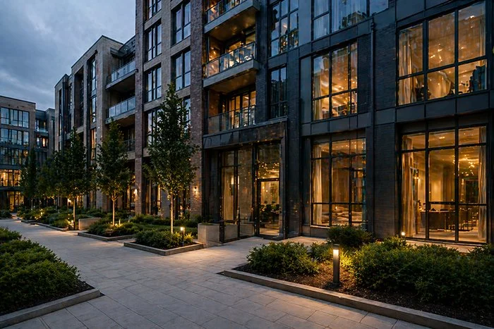 Modern apartment building with large glass windows and trees outside, illuminated at dusk.