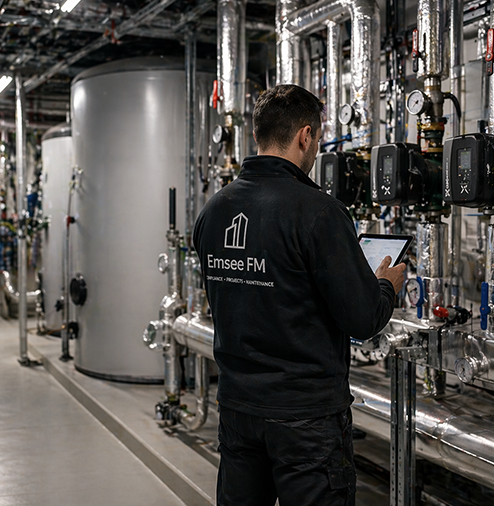 Technician in black jacket with 'Emsee FM' logo inspecting industrial control panels and pipes in a factory or industrial facility.