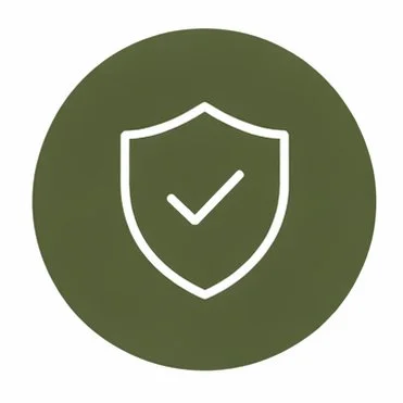 Icon of a shield with a checkmark inside on a dark green background.