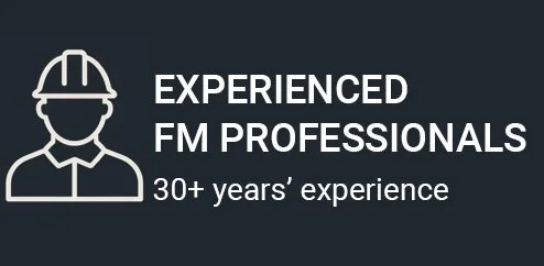 Icon of a construction worker wearing a helmet next to text that reads 'Experienced FM Professionals, 30+ years' experience'.