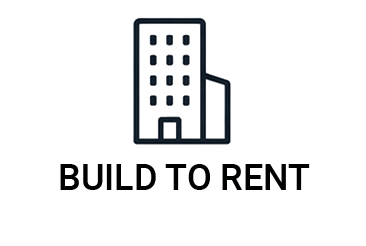 A stylized line drawing of a tall building with multiple windows and a smaller building attached, with the text 'BUILD TO RENT' below it.