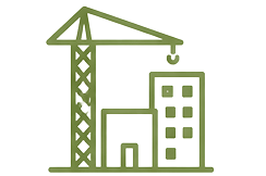 Outline of a construction crane lifting a beam over building structures