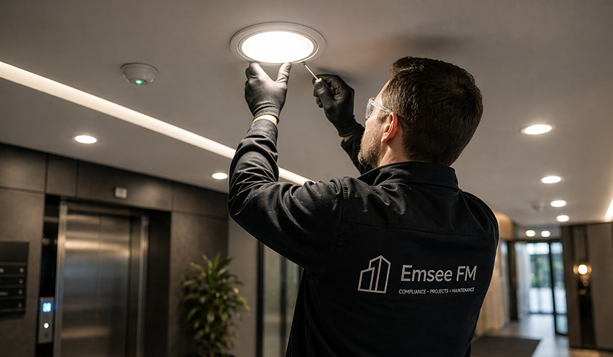Technician working on a ceiling light fixture in a modern interior space.