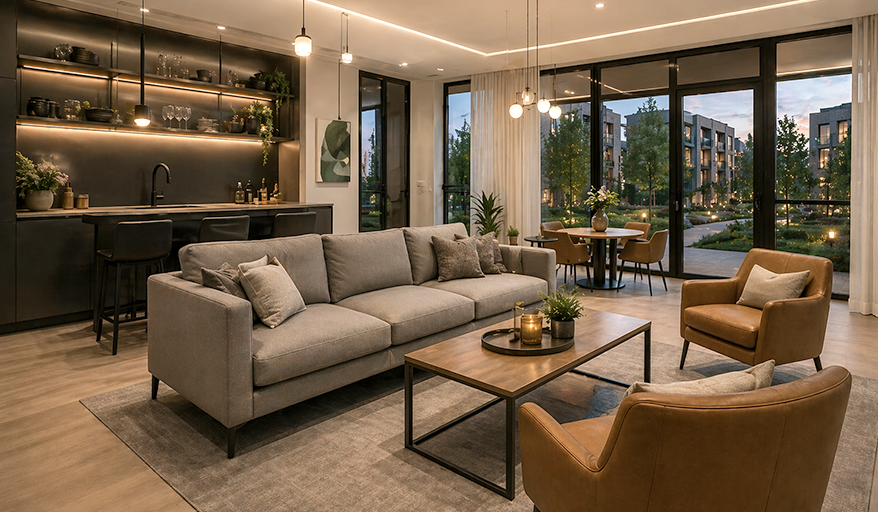 Modern living room with a gray sofa, a wooden coffee table, and tan armchairs. Open kitchen with black cabinetry and a bar area. Large windows and glass doors reveal a landscaped outdoor area at dusk.
