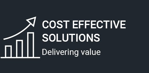 Graphic with a rising arrow and bar chart, with text 'COST EFFECTIVE SOLUTIONS' and 'Delivering value'.