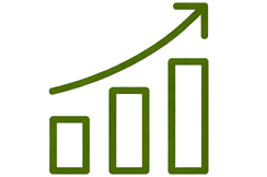 Green upward-trending bar chart with an arrow.