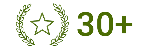 Green laurel wreath surrounding a star with '30+' in green text.