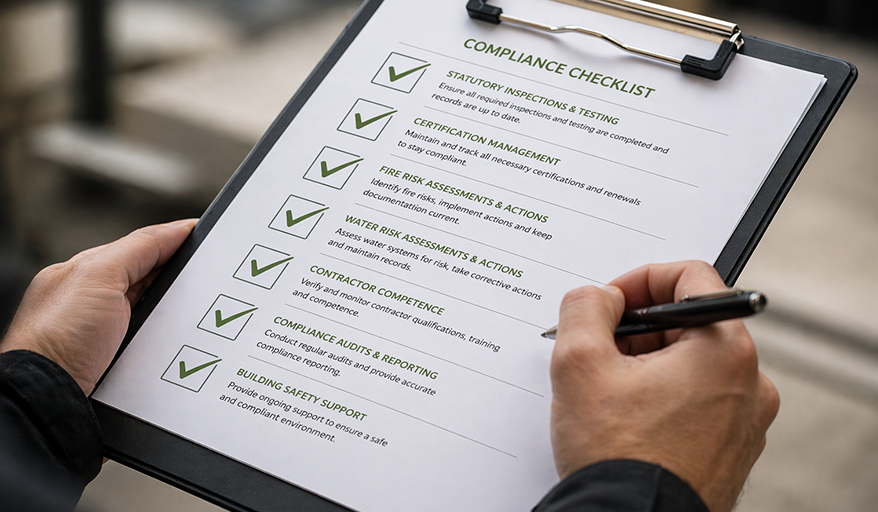 A person holding a clipboard with a compliance checklist that includes items such as inspections, certification, fire risk, water risk, contractor competence, audits, and safety support, all checked off.