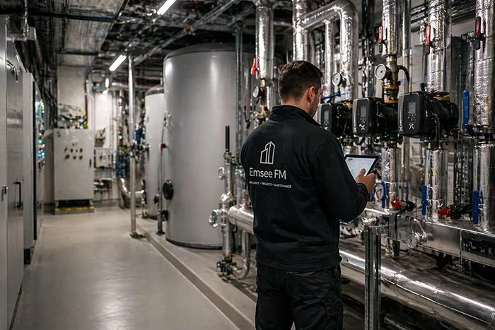 A technician in a black jacket with Emsee FM logo working in an industrial facility, inspecting equipment with a tablet in hand.