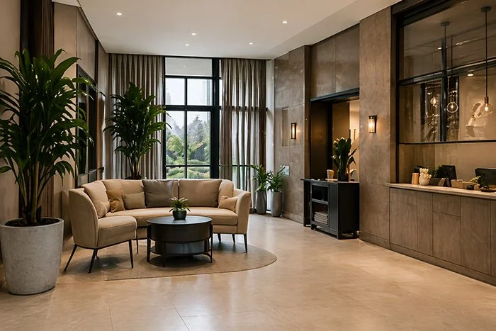 Modern hotel lobby with beige sofa, two large potted plants, large windows, and warm lighting.