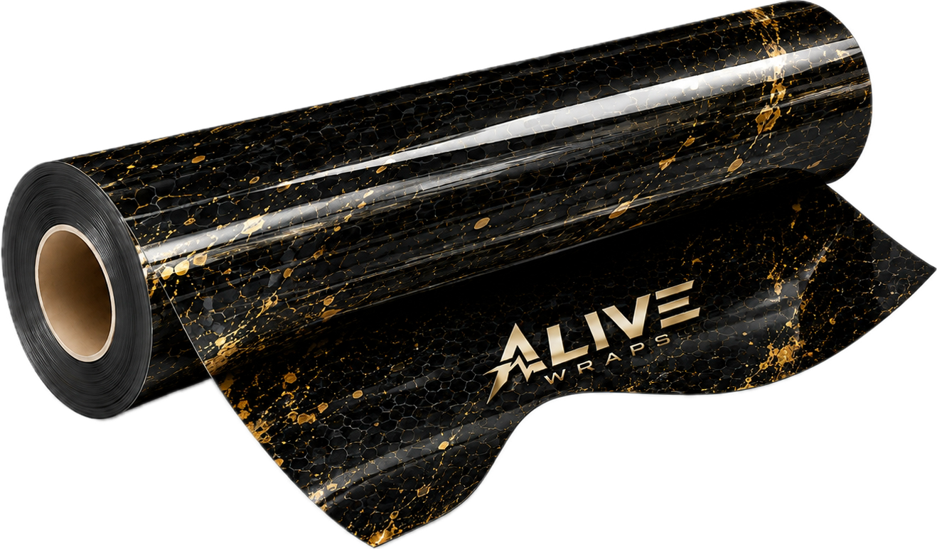 Black roll of wrap with gold splatter pattern and the words "ALIVE WRAPS" in bold white letters.