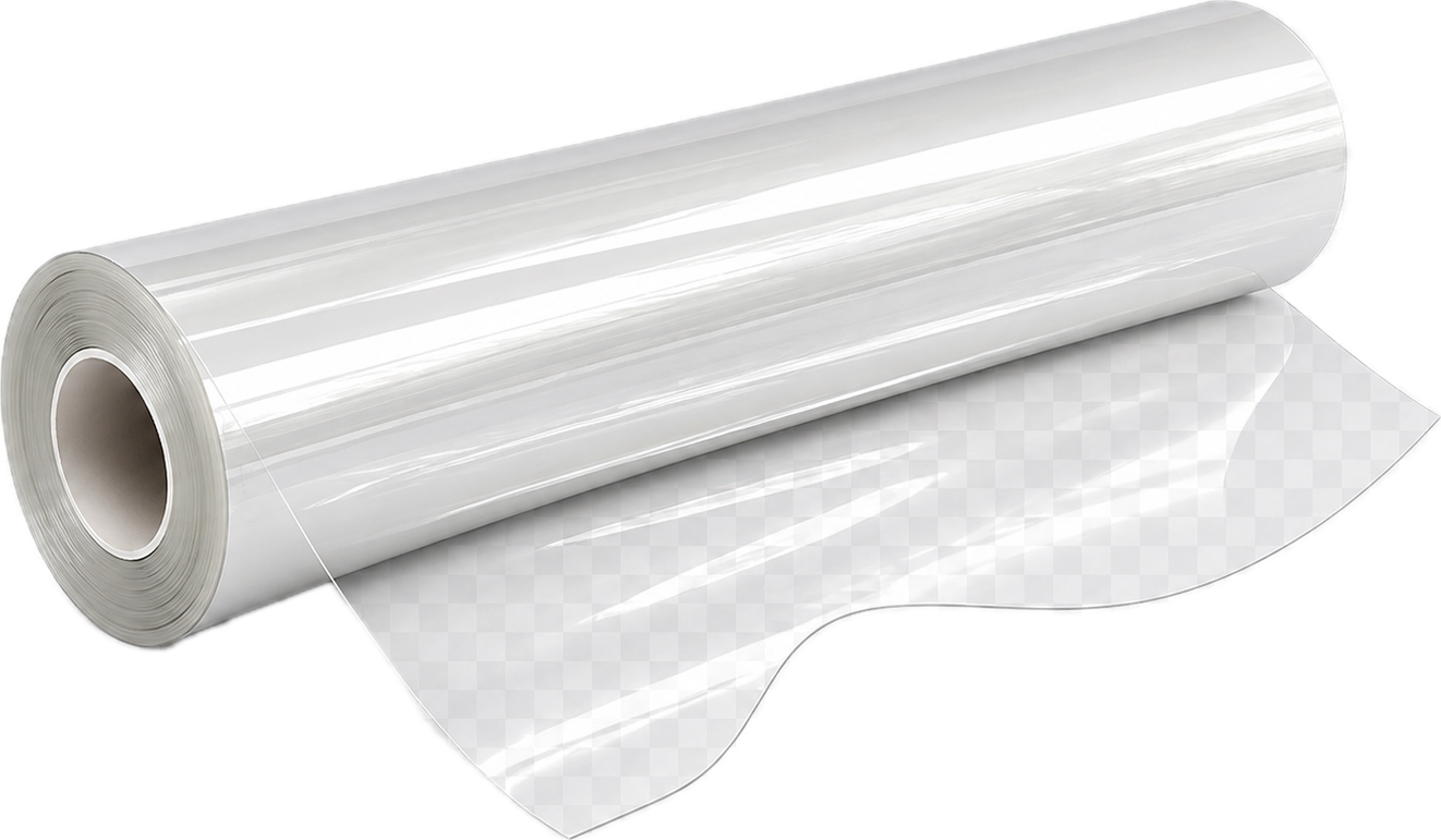Roll of clear plastic wrap partially unrolled.