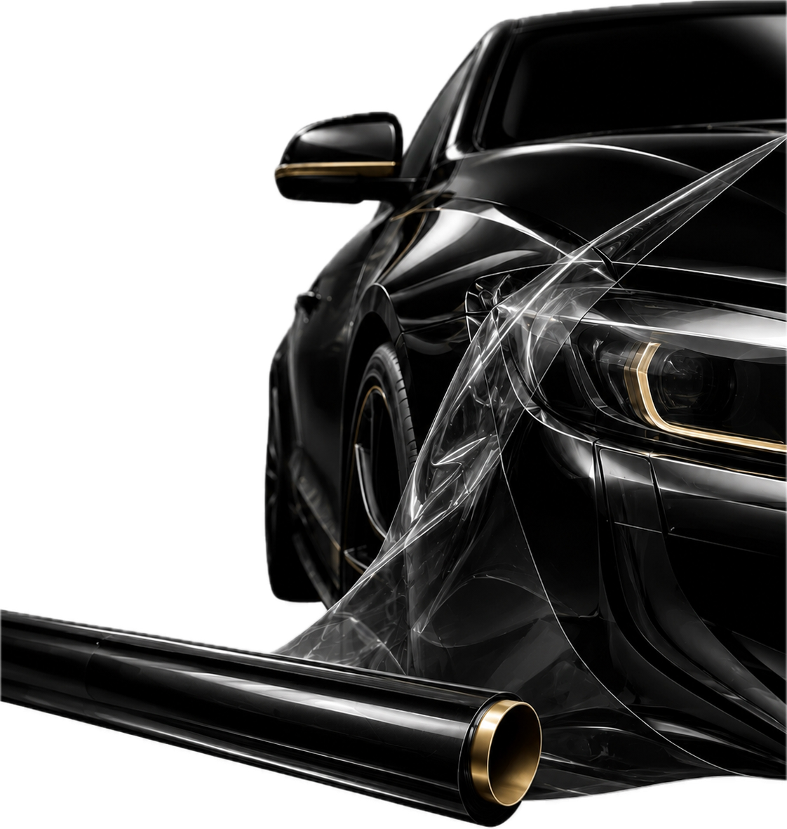 Close-up of a sleek black luxury car with reflective surfaces, partially covered with transparent protective film, and a rolled-up black and gold car wrapping vinyl on the ground.