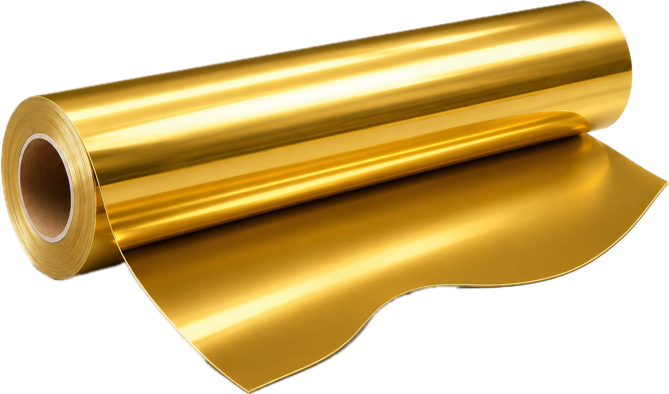 Roll of shiny gold metallic foil partially unrolled.