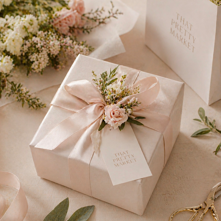 A wrapped gift box with a satin ribbon and floral arrangement on top, alongside a paper bag from That Pretty Market, with additional flowers and greenery around.
