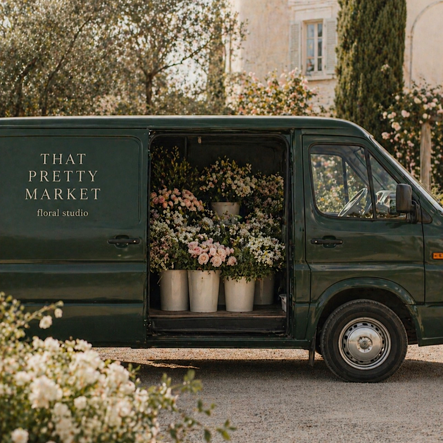 Green floral delivery van with open sliding door, filled with pink and white flowers in white pots, parked outdoors with trees and a building in the background.