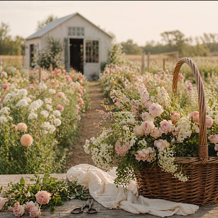A basket of pink and white flowers on a wooden table in a garden with a white shed surrounded by more flowers.