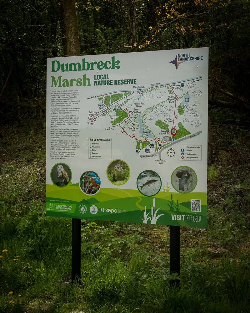 Map of Dumbreck Marsh Local Nature Reserve in North Lanarkshire showing walking trails, points of interest, and wildlife information.