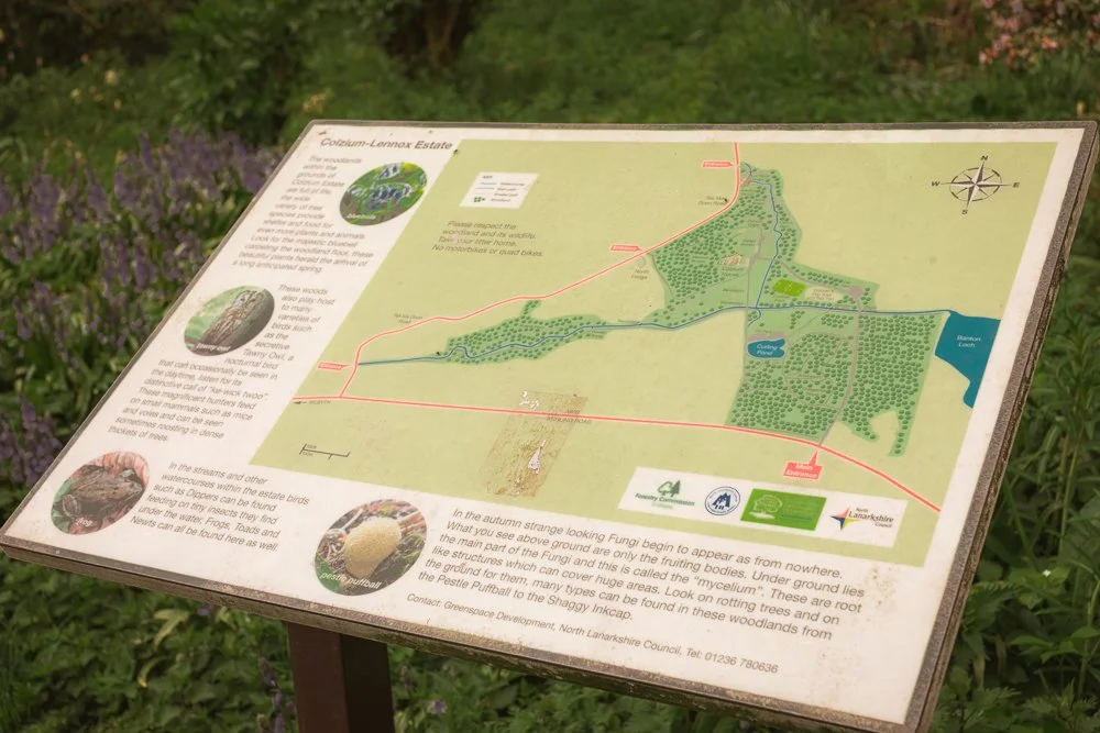 Information signboard showing a map of Cottenham-Lannox Estate with pathways, water bodies, and wooded areas, set in a garden with purple flowers and greenery in the background.