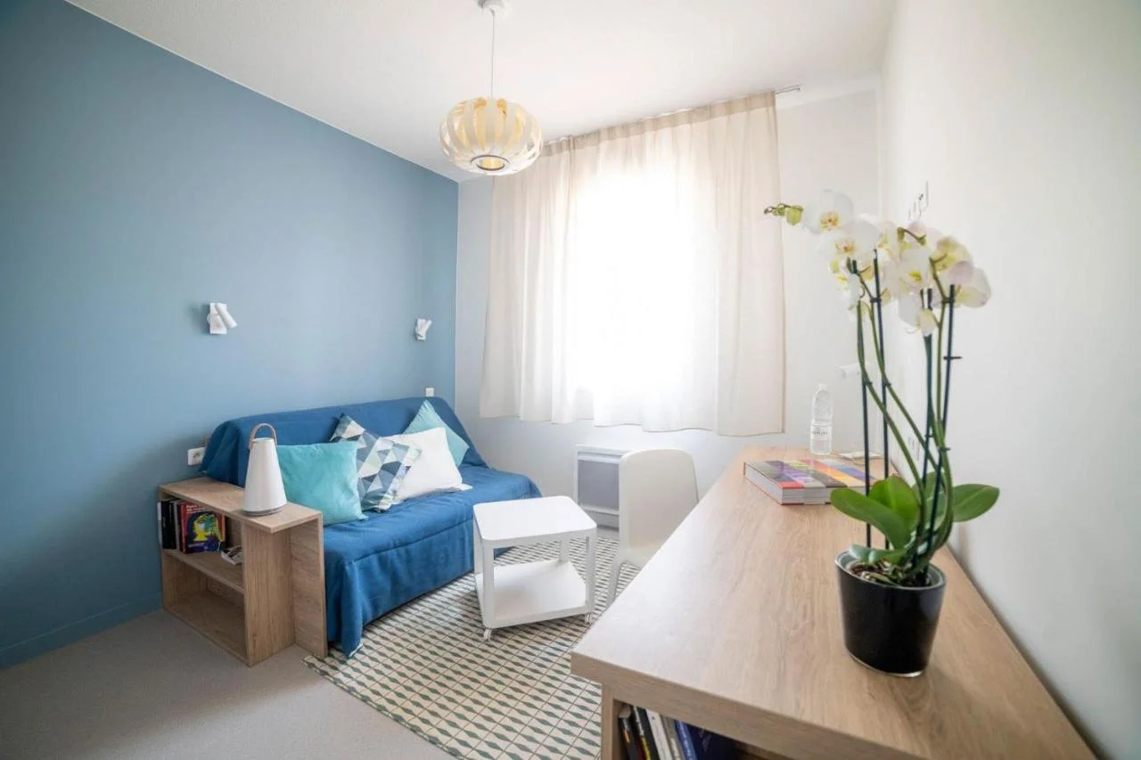 Chambre avec mur bleu, canapé bleu, lampe de table, étagère avec livres, table en bois clair, orchidée en pot noir, livres, bouteille d'eau, fenêtre avec rideau blanc.