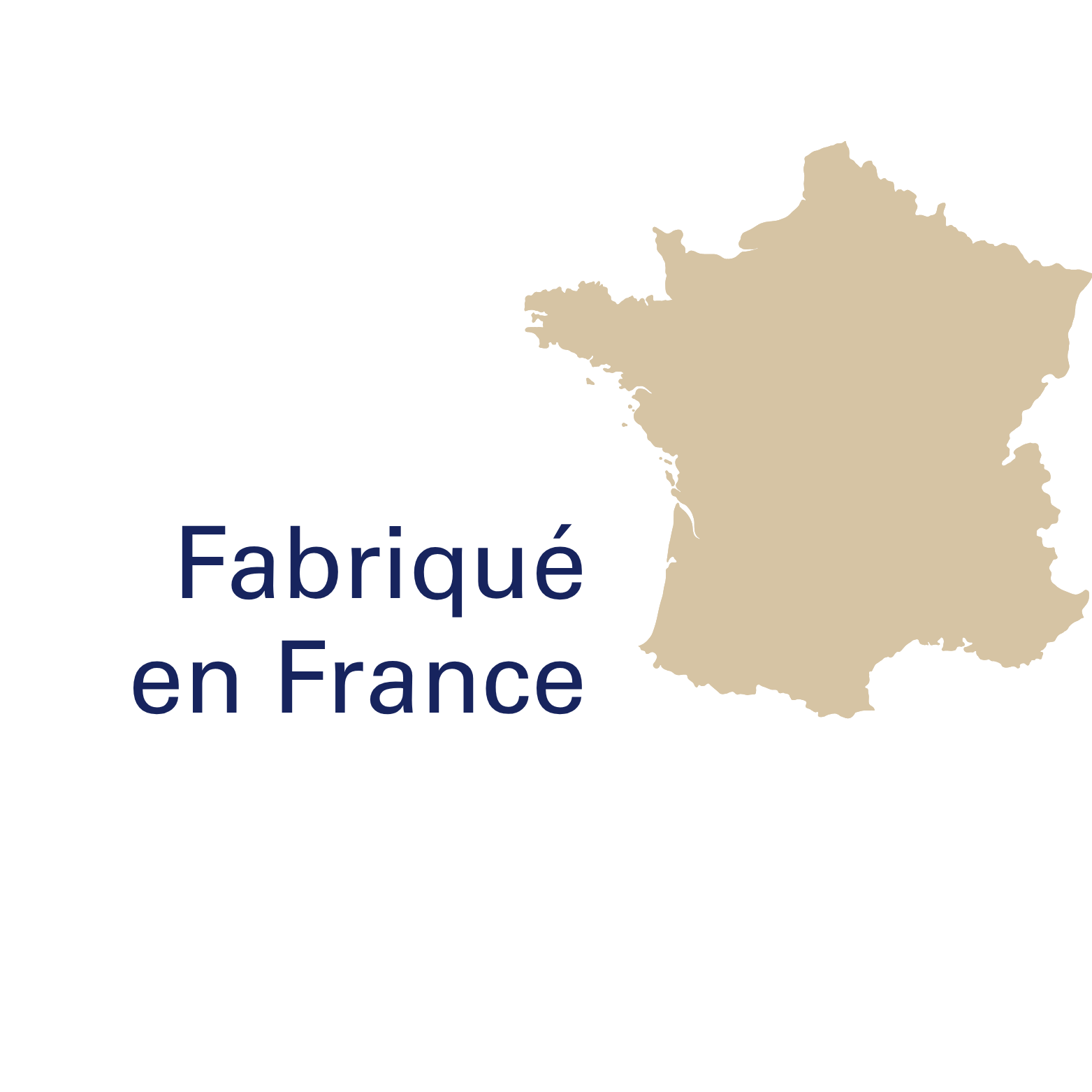 Carte de la France avec texte 'Fabriqué en France' écrit en bleu sur le côté gauche.