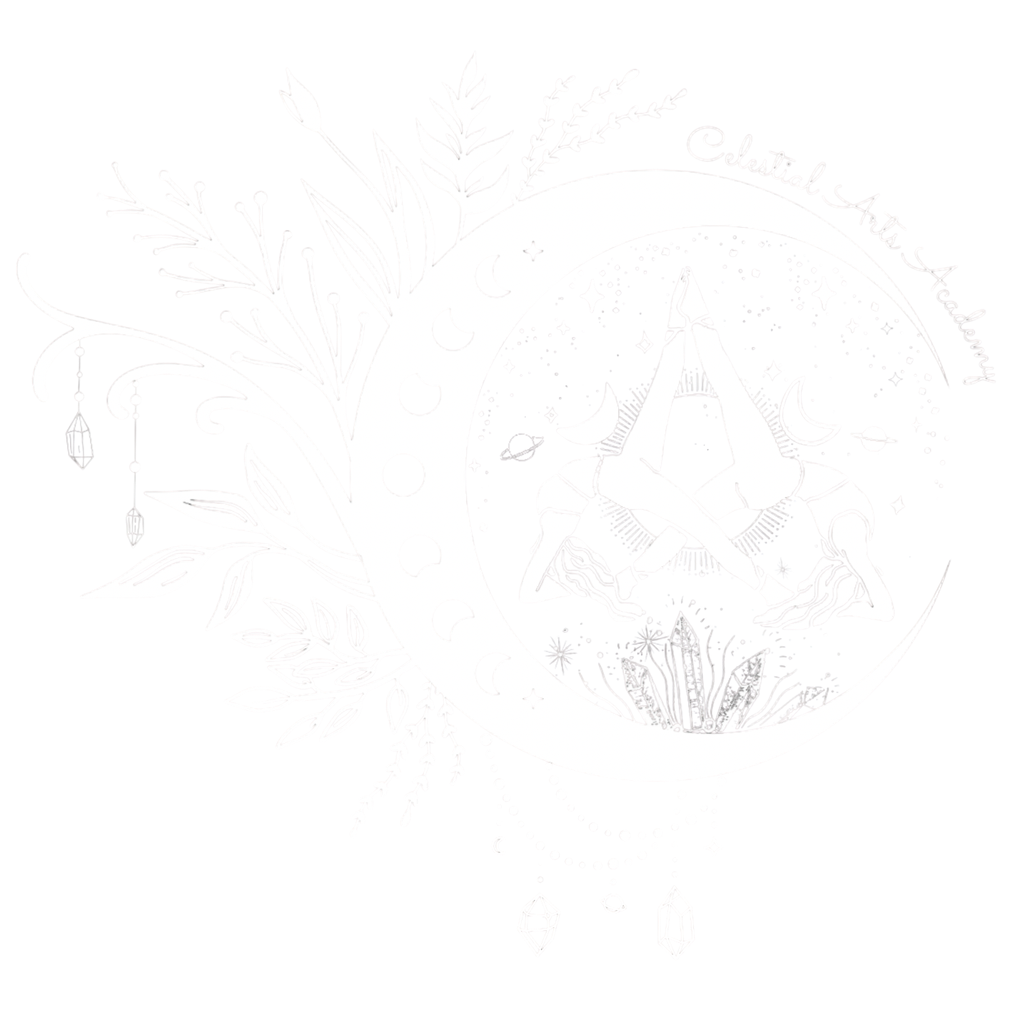 Black and white illustration featuring a person doing yoga or stretching inside a circular celestial scene with stars, moons, planets, and a comet, surrounded by celestial art designs and decorative plants.