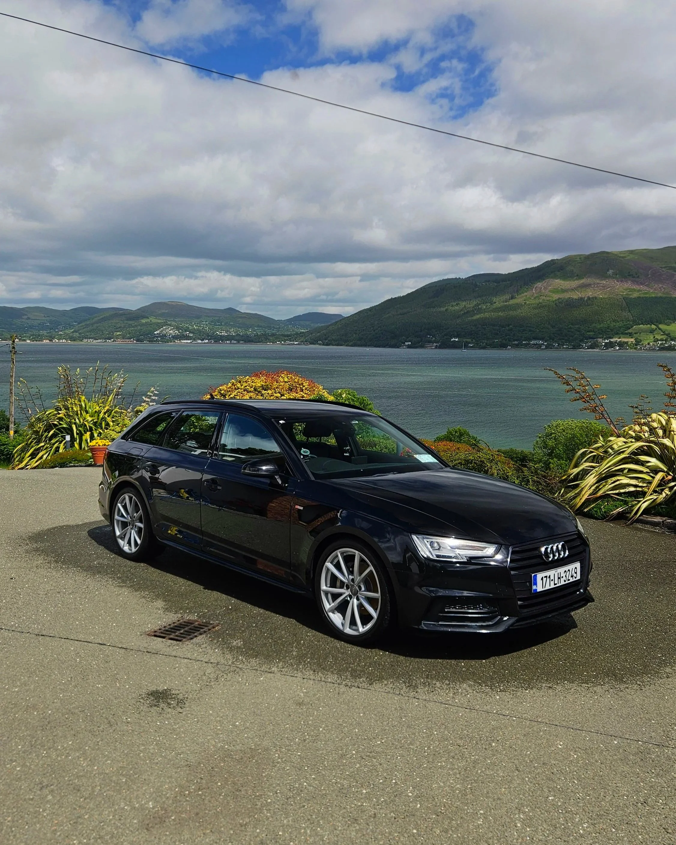 Exterior detail by North East Auto Detailing for a 2017 Black Audi A4 Avant in Carlingford in County louth, included a deep clean, paint decontamination of the lower panels, added protector wax for the paint and wheels and tyre shine