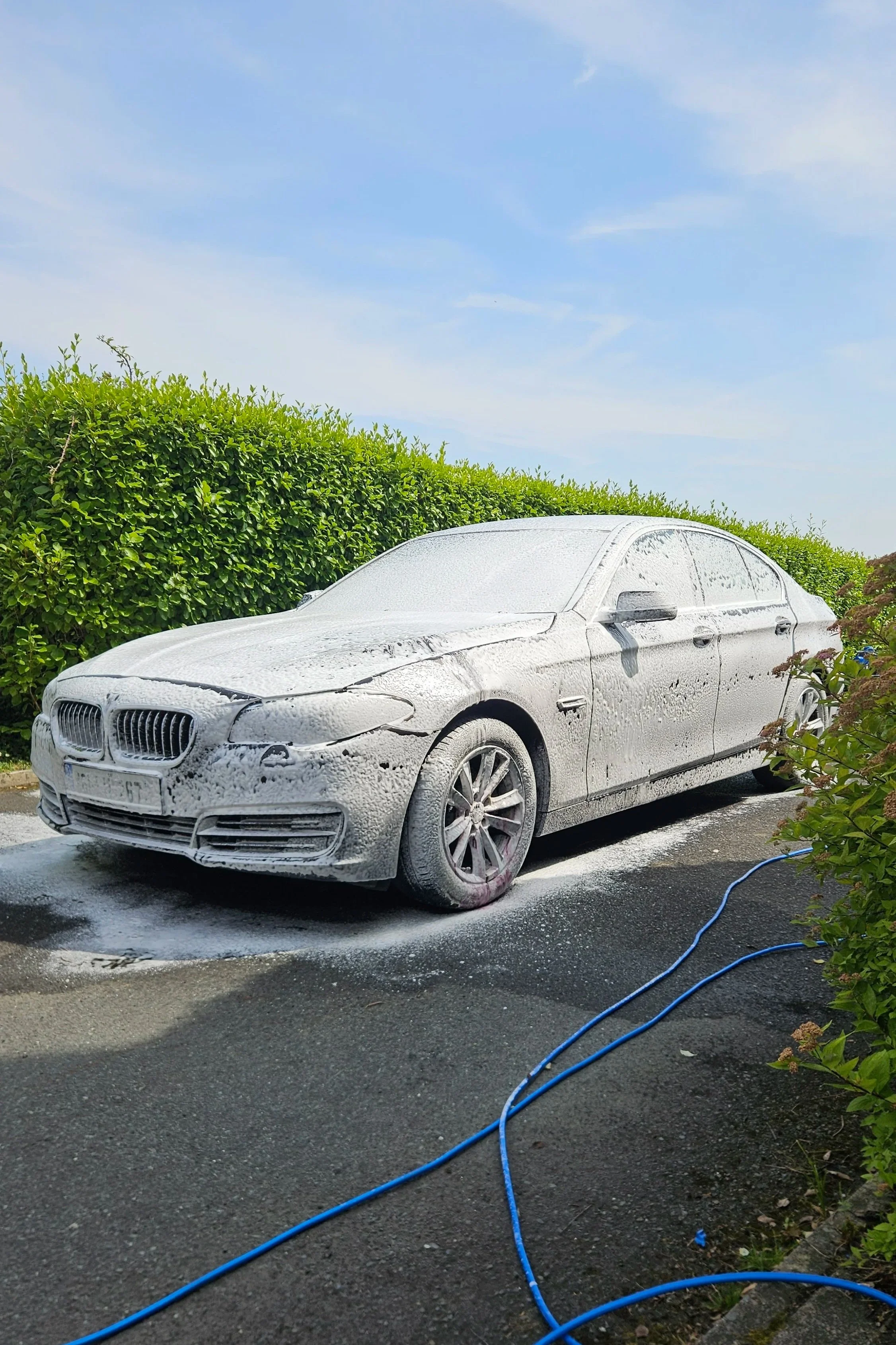 Safe, Snow foam pre-wash process on a BMW 5 Series during mobile car detail in Dundalk