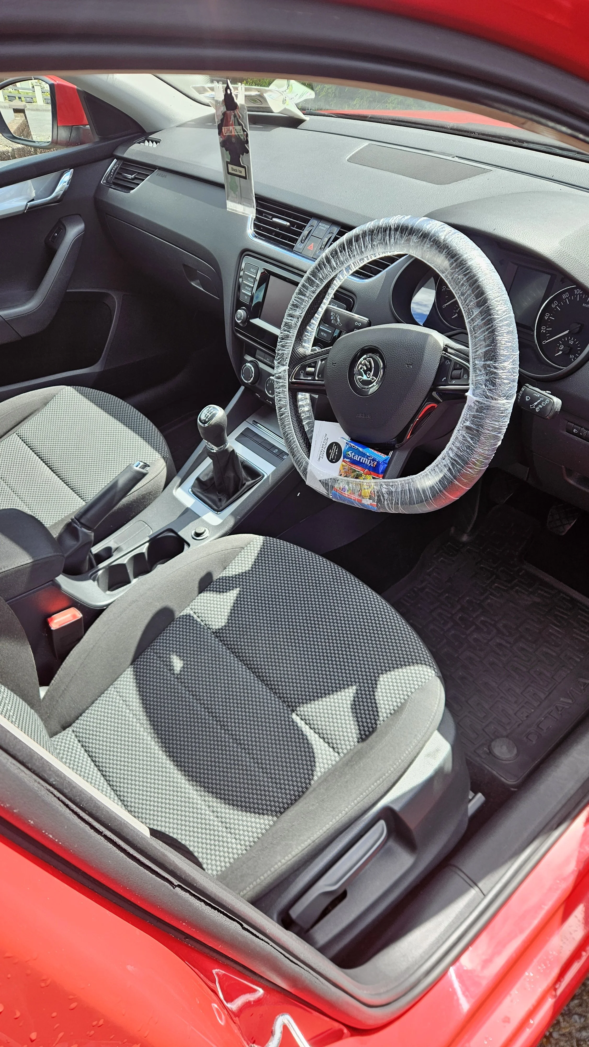 Professional interior mobile detail with steam sanitisation, stain removal and pet hair removal valet on a red skoda octavia in Blackrock, Co. Louth, by North East Auto Detailing