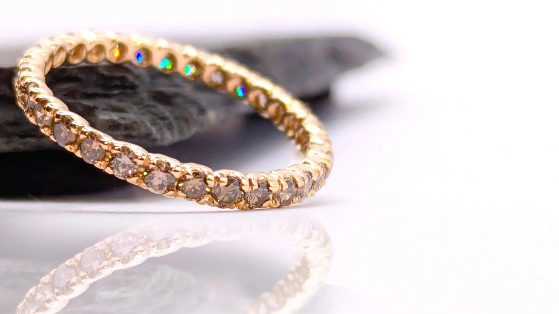 Eternity engagement ring made from heirloom gold and unique champagne diamonds. Not a traditional choice for an engagement ring, but perfect for this bride to be who is not a fan of feature stones and wants a comfortable sparkly everyday ring.