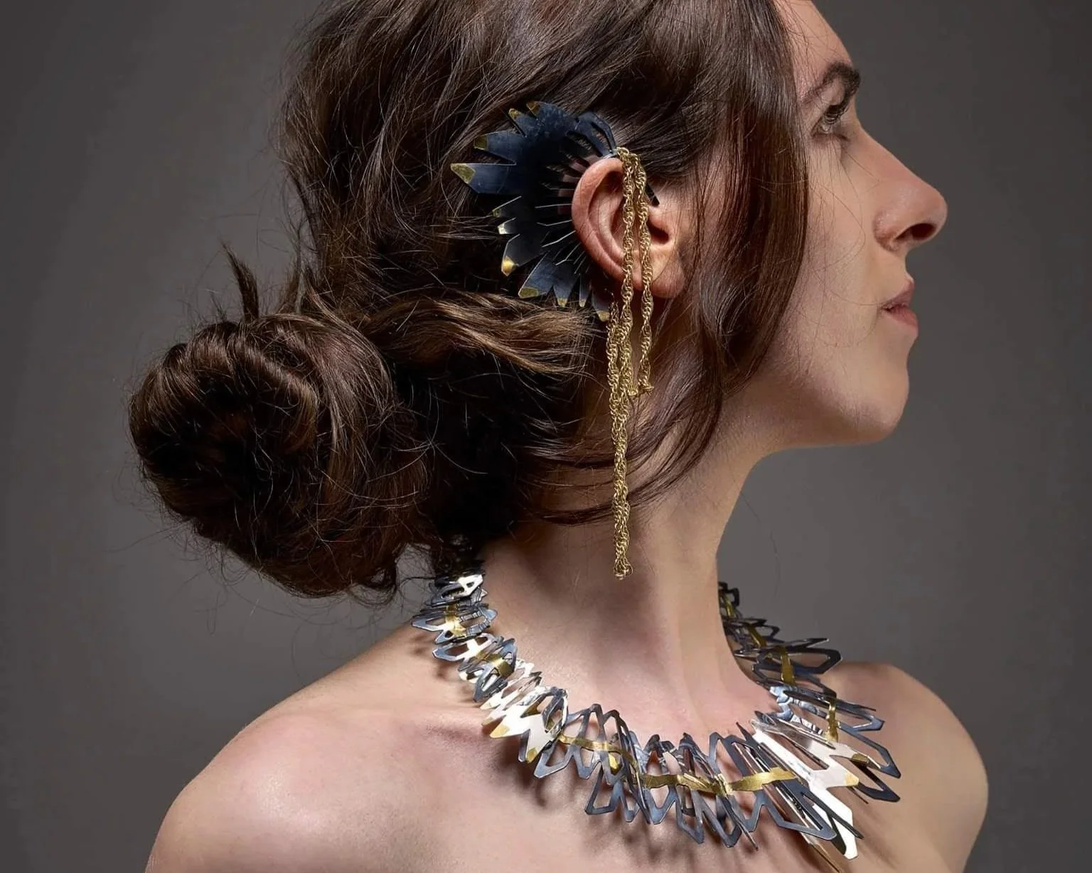 Silver and Keum-boo neckpiece and ear-piece
