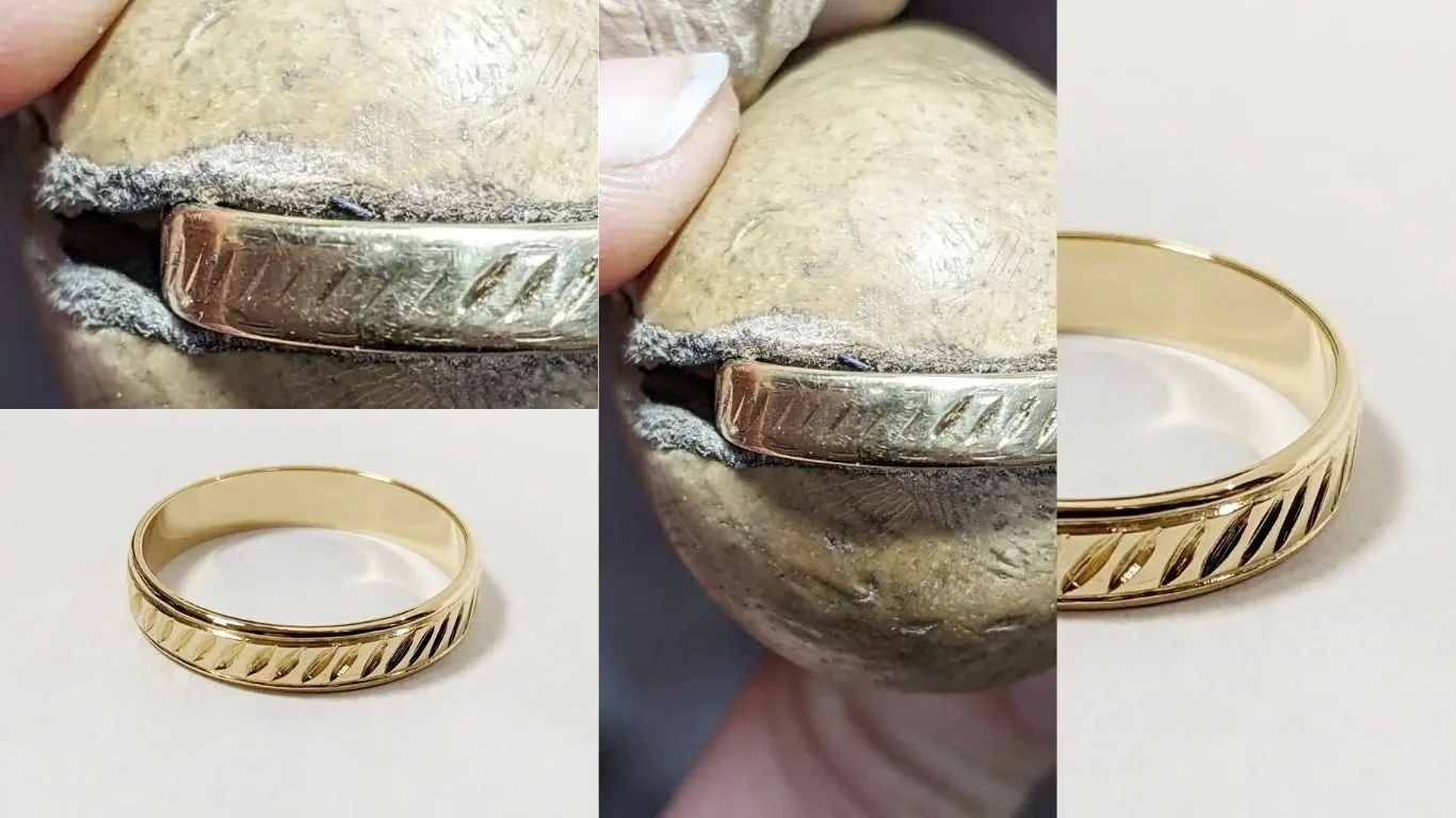 A 50 year-old wedding band in need of some redefining and polishing.