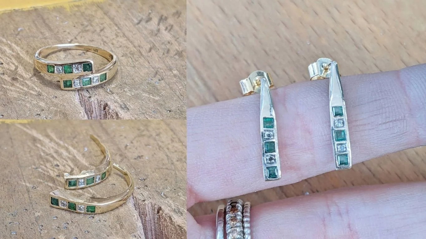 An emerald and diamond engagement ring remade into a pair of earrings.
