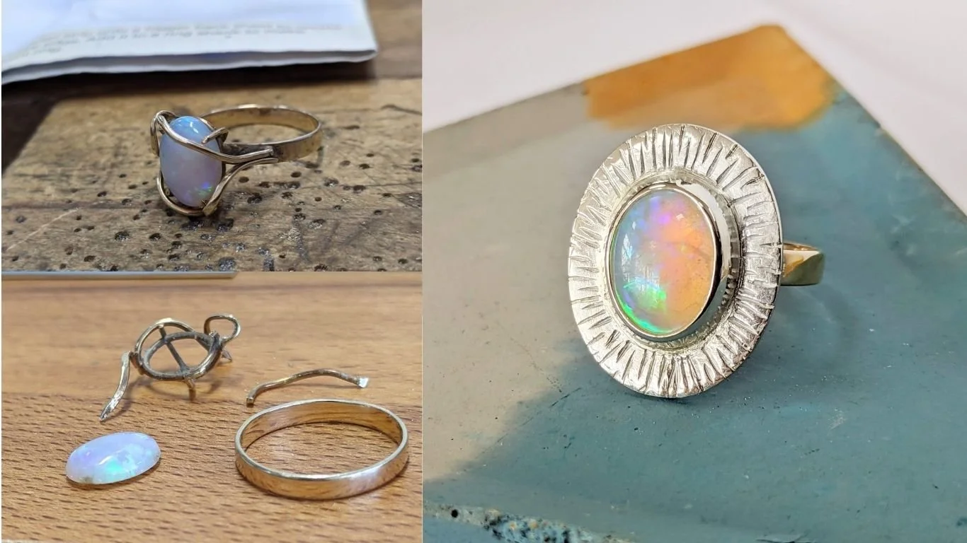 An opal ring, redesigned and remade with the original band and stone.
