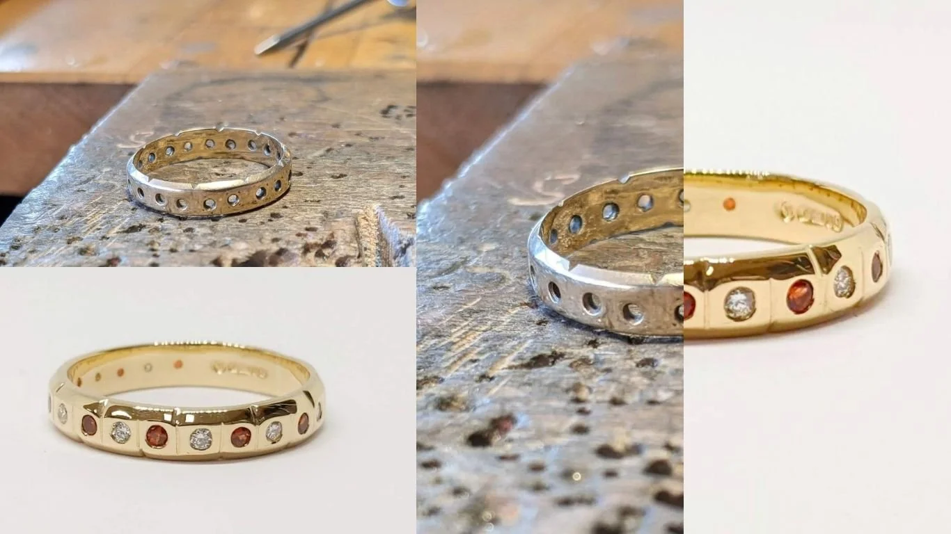 A 60 year-old wedding band in need of some new stones, some redefining and some polishing.
