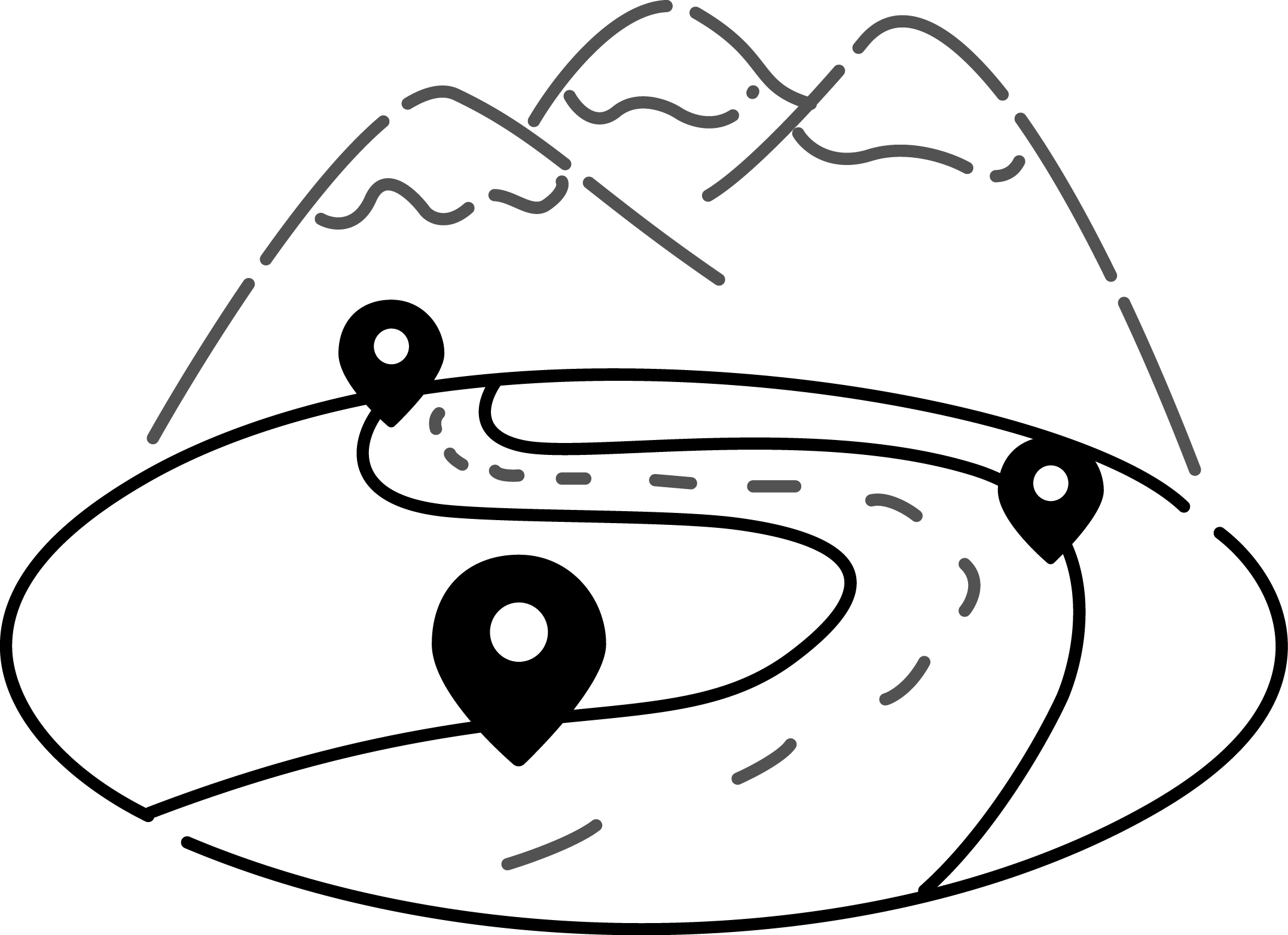 En enkel illustrasjon av fjell med snø på toppene og en vei som leder opp til fjellene med navigasjonspunkter.