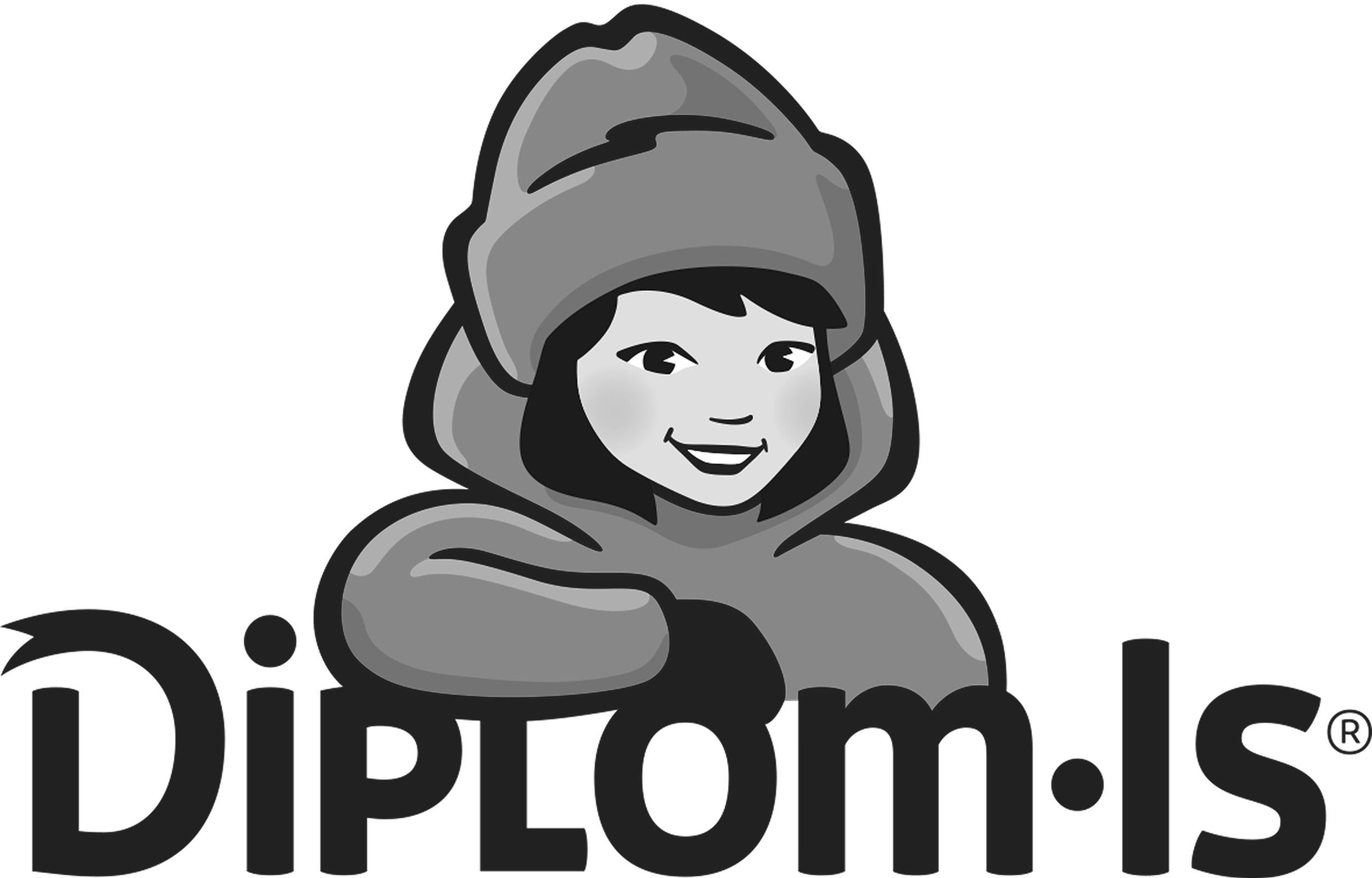 En tegneserieillustrasjon av en jente med mørk hår som smiler, iført hettegenser, foran en logo som sier 'DiplomIs'.