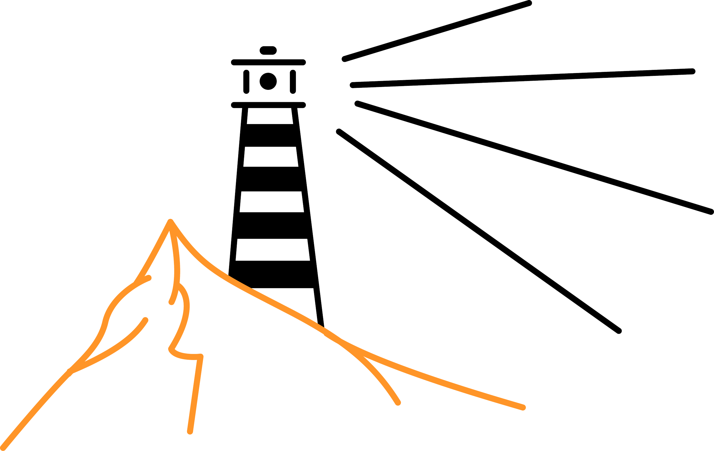 En illustrasjon av en fyr som holder en tynn linje med en lyspære som lyser opp, og et lyskaster som peker mot en vindmølle i bakgrunnen.