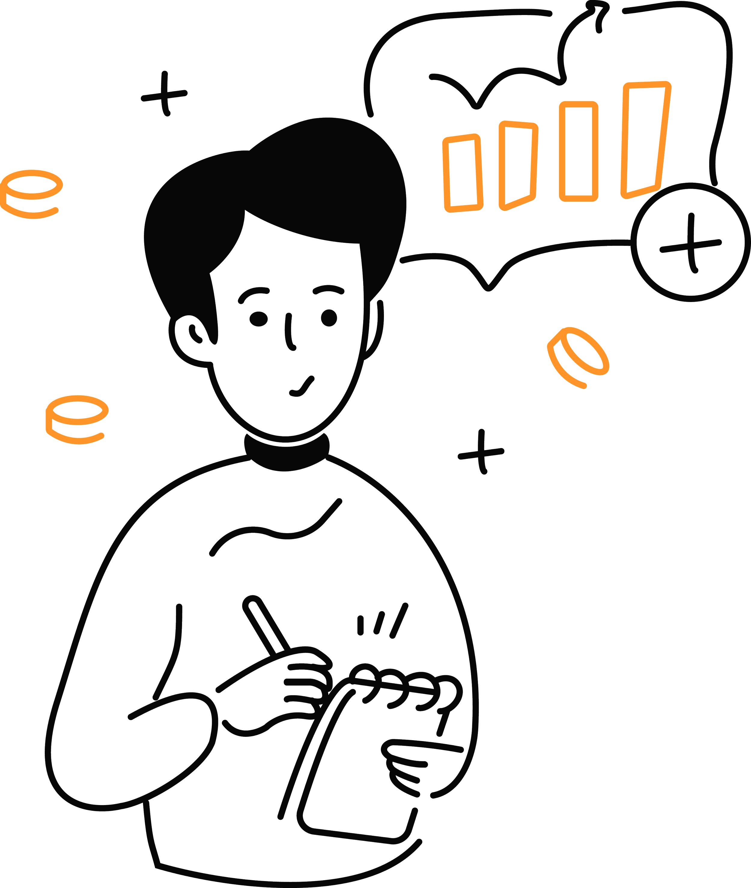 En svart og hvit illustrasjon av en menneskelig kropp med fokus på indre organer som hjerte, lunger, magesekk og tarmer, med noen generelle ikoner for vekst og medisinske symboler.