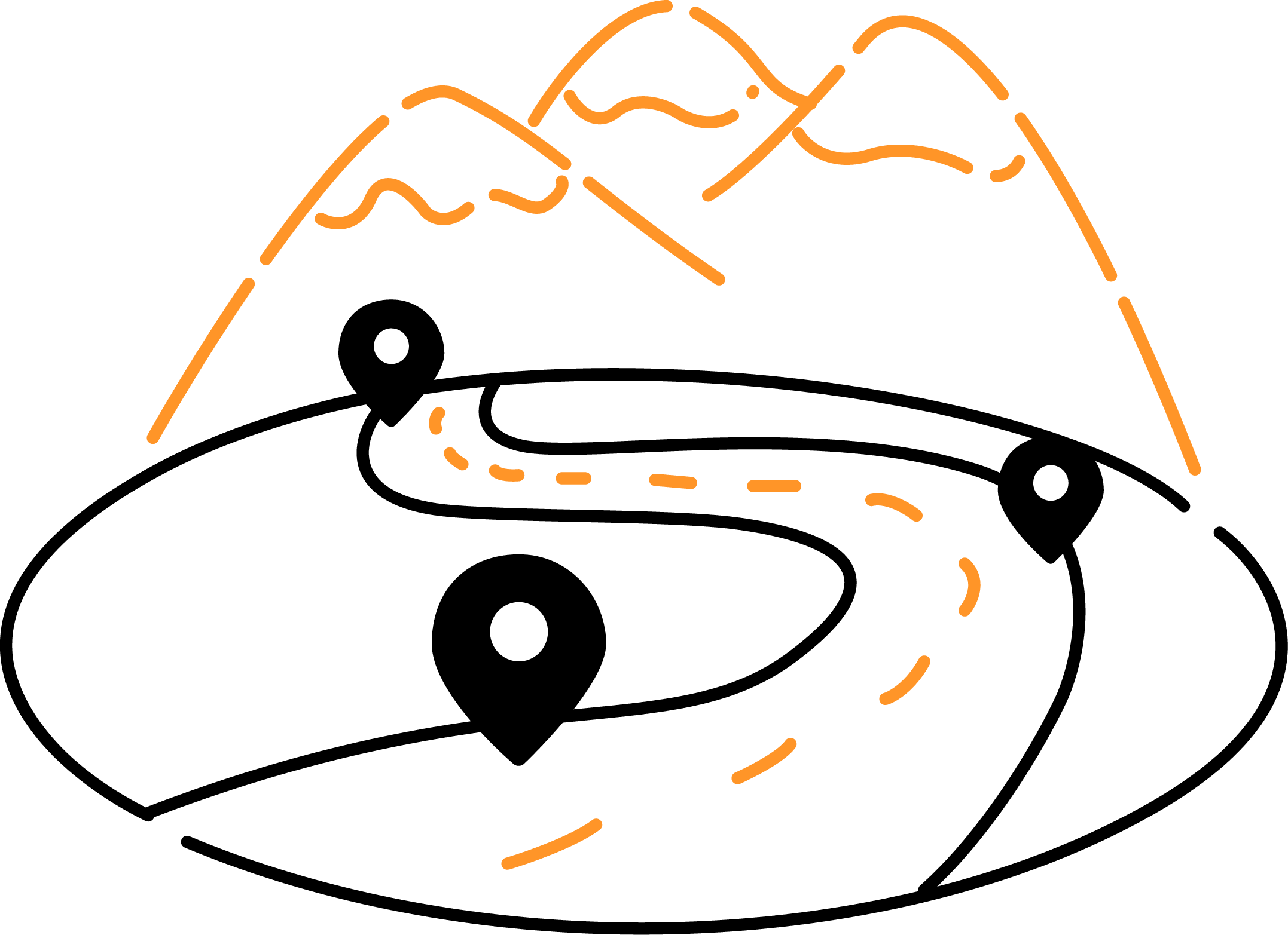 En illustrasjon av en fjelltopp med en øy og skyer i bakgrunnen, laget med oransje linjer på svart bakgrunn.