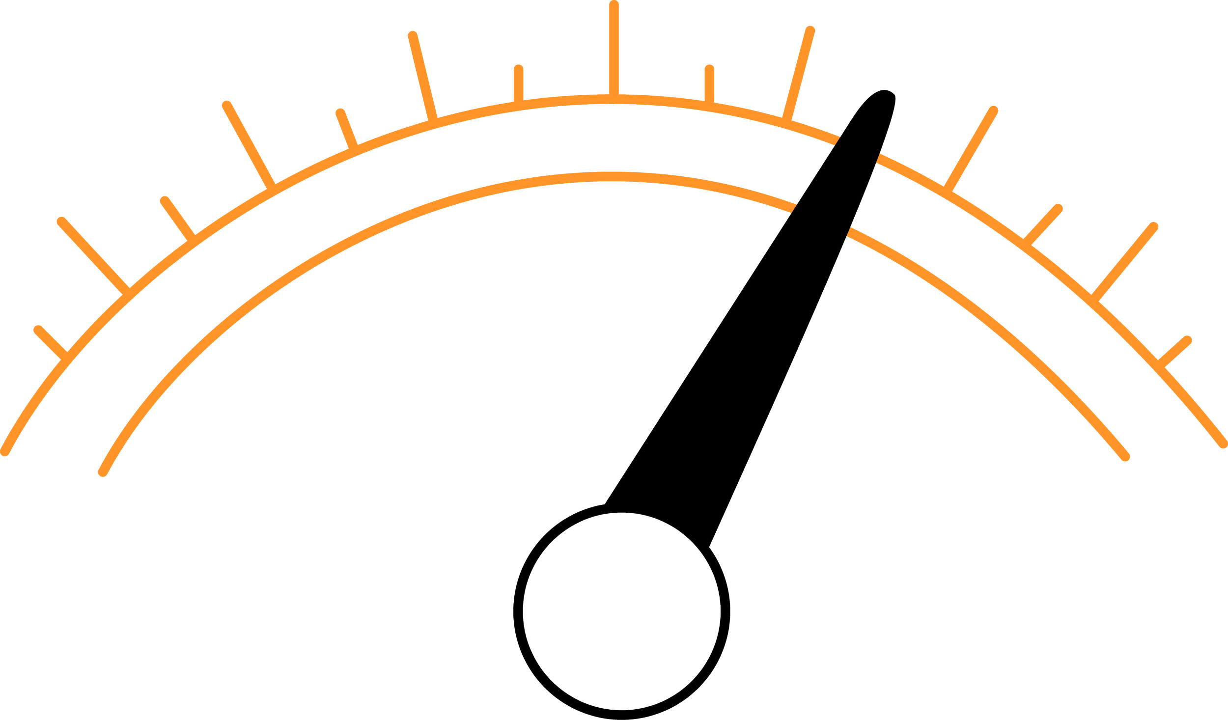 Et bilinstrument som viser hastighet, med en nål som peker. Ringen er merket med orange indekser og tall.