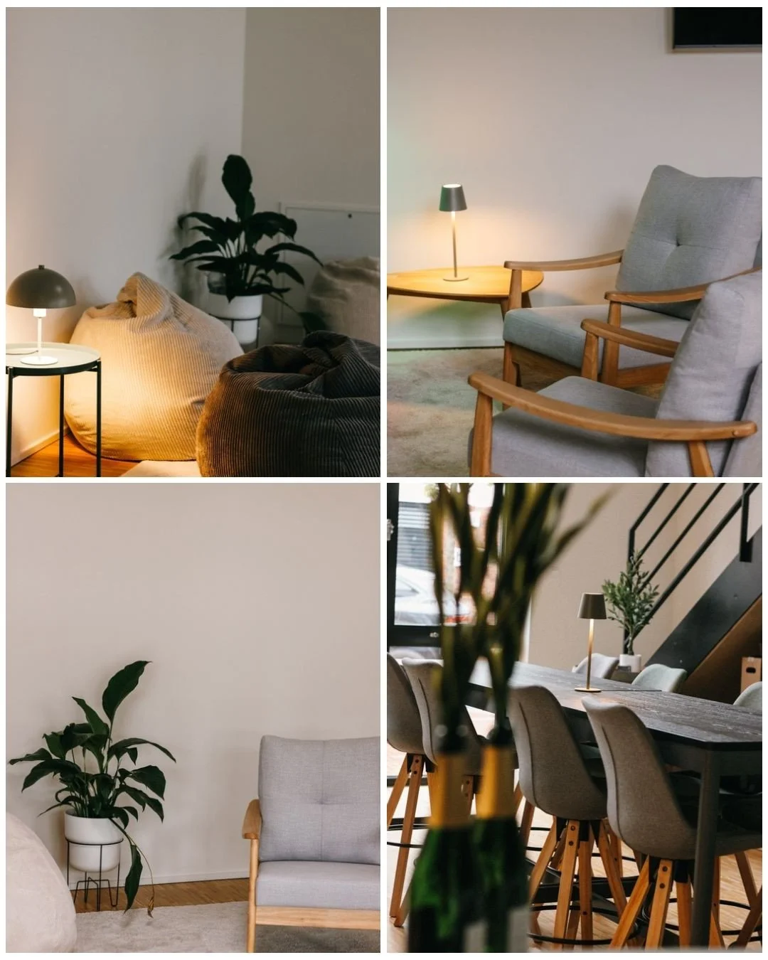 Innenräume eines modernen Hauses, zusammengestellt in einem Collage. Oben links ein gemütliches Wohnzimmer mit Sitzsäcken, einer Nachttischlampe und einer Pflanze. Oben rechts ein Wohnzimmer mit zwei bequemen Stühlen, einem kleinen Tisch und einer St