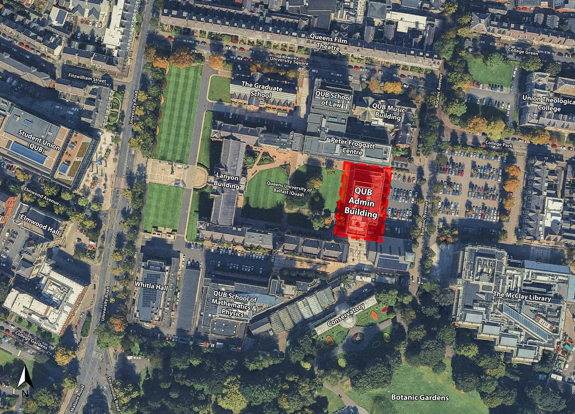 Aerial view of Queen's University campus with labeled buildings and streets, including the Queen's Film Theatre, University Square, the Graduate School, and the Queen's University Belfast quad, along with green spaces and parking lots.