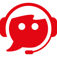 Red outline of a person wearing a headset, with speech bubbles behind