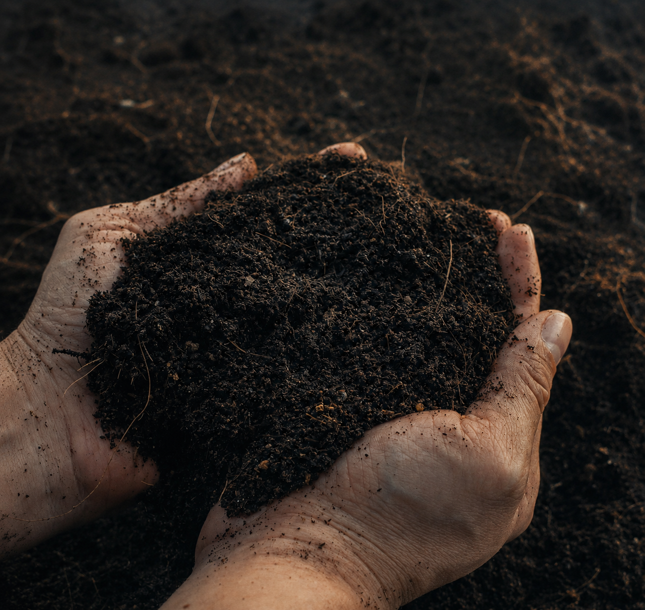 Two hands holding dark soil, with small visible roots.